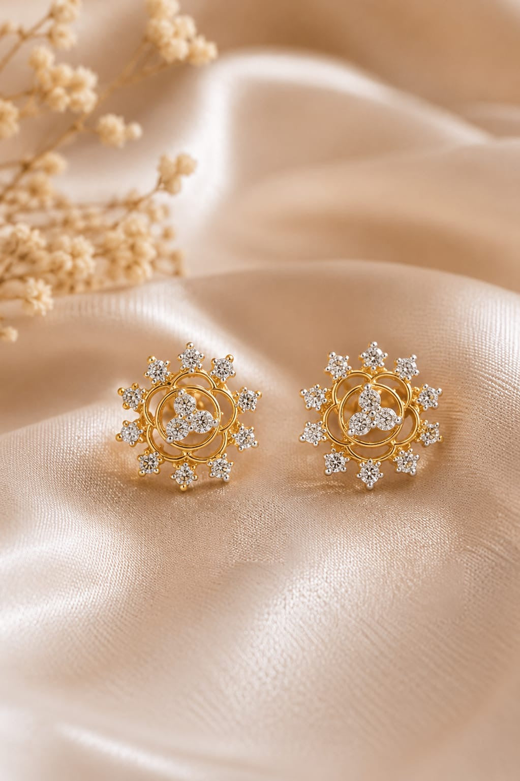 Golden Floral Crystal Stud Earrings