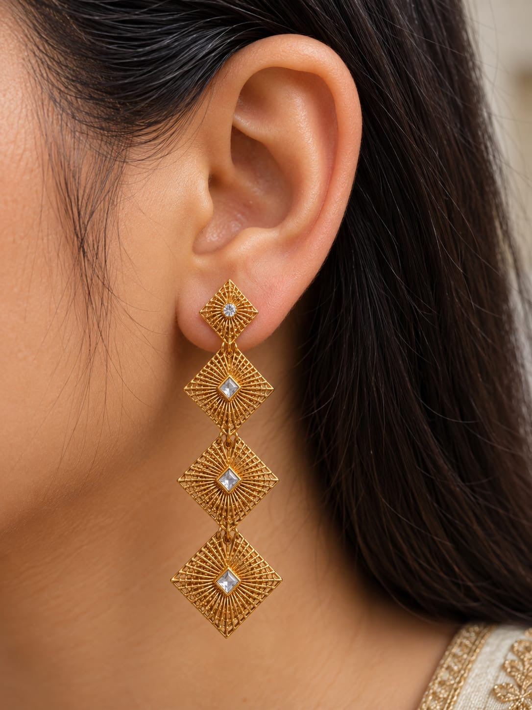 Golden Cascade Geometric Drop Earrings