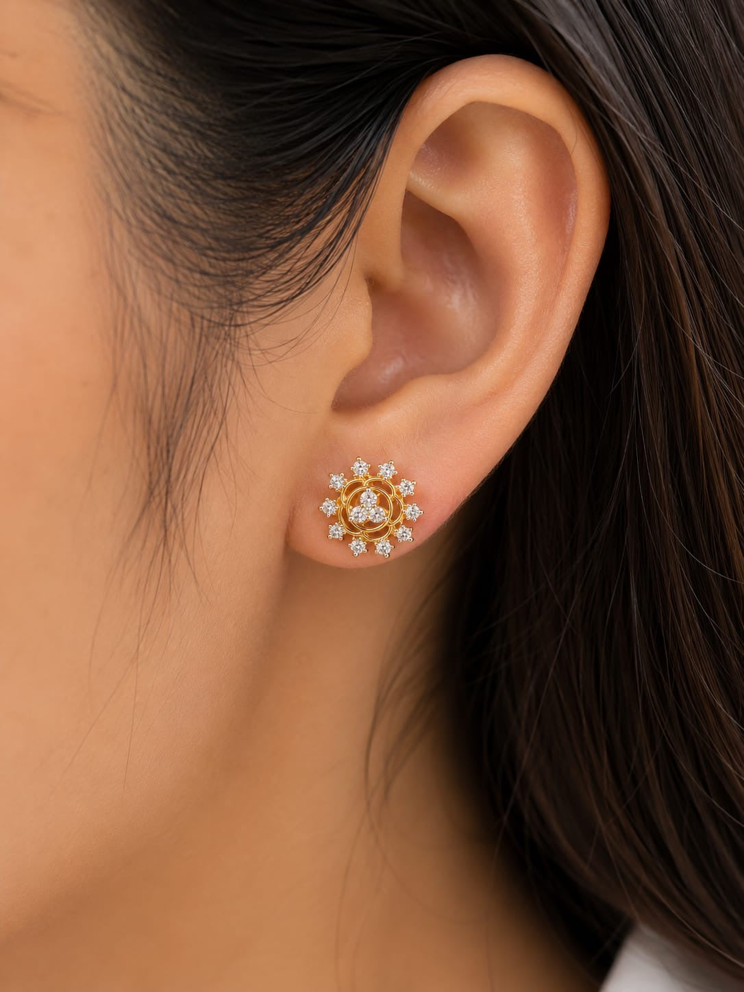 Golden Floral Crystal Stud Earrings